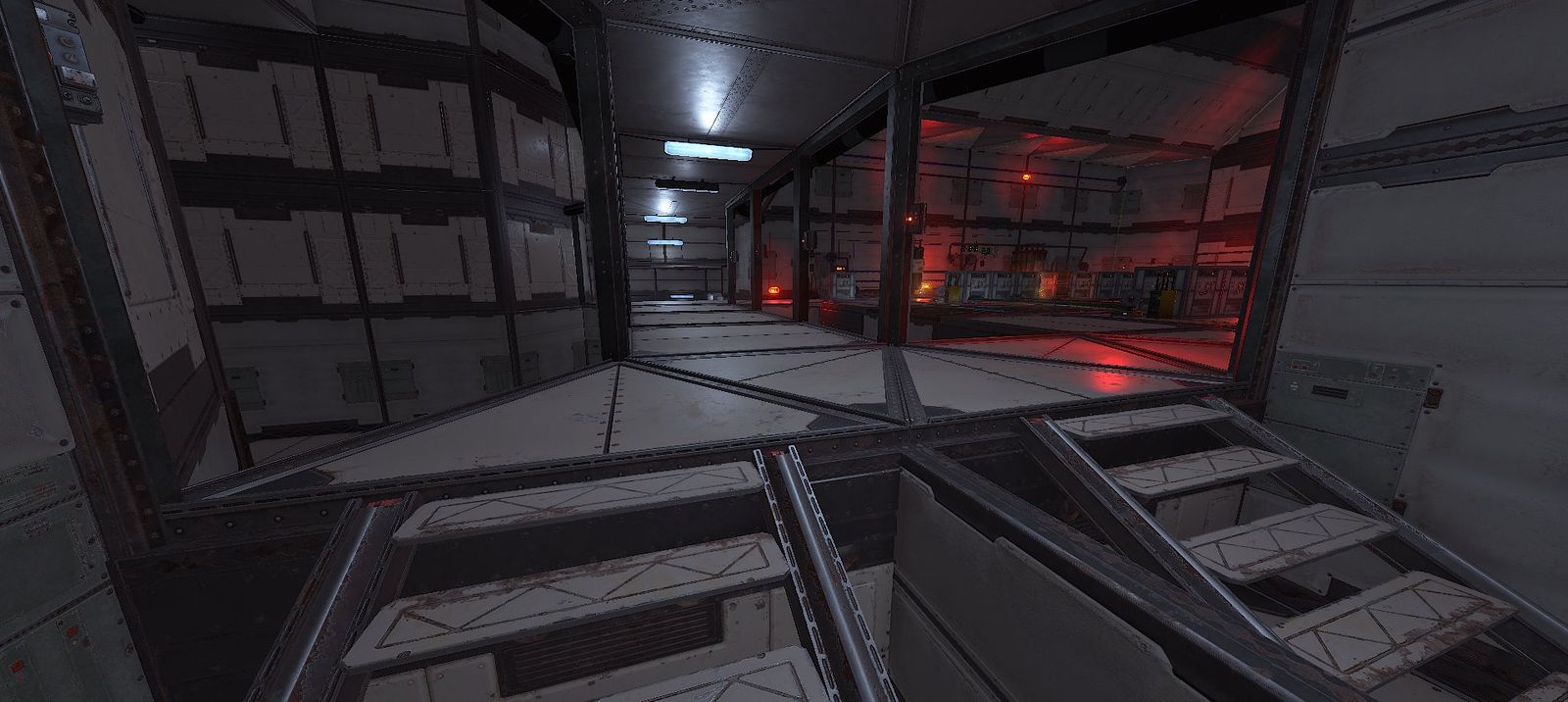 Space base factory: a white metal-panelled walkway looking into a red-lit room full of equipment