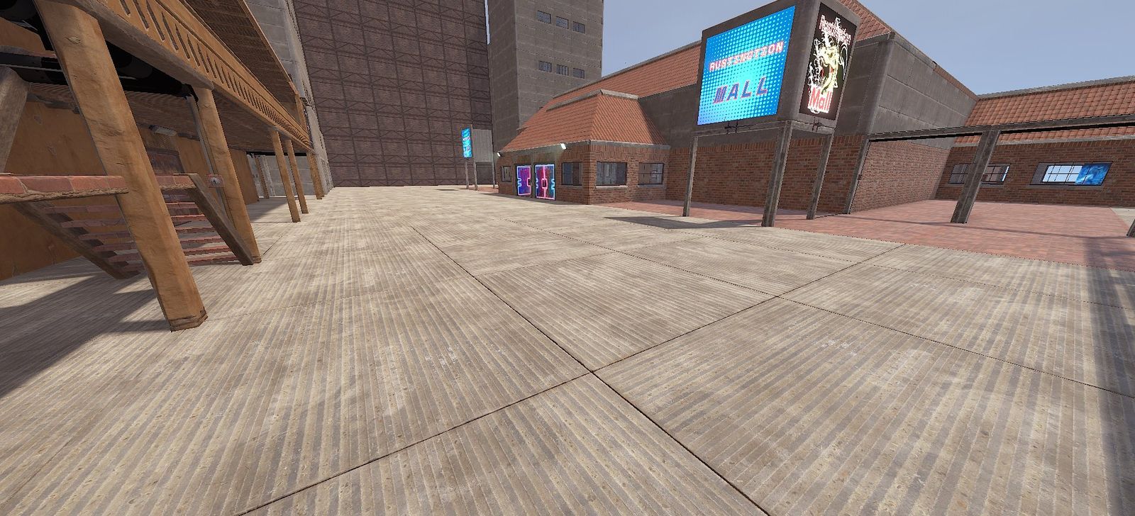 Mall factory: the Rustinction Mall, a brick shopping plaza with neon signs and glowing doors