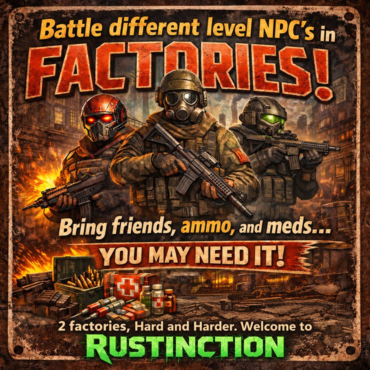Factories poster: Battle different level NPCs in factories! Bring friends, ammo and meds, you may need it. 2 factories, Hard and Harder. Welcome to Rustinction.