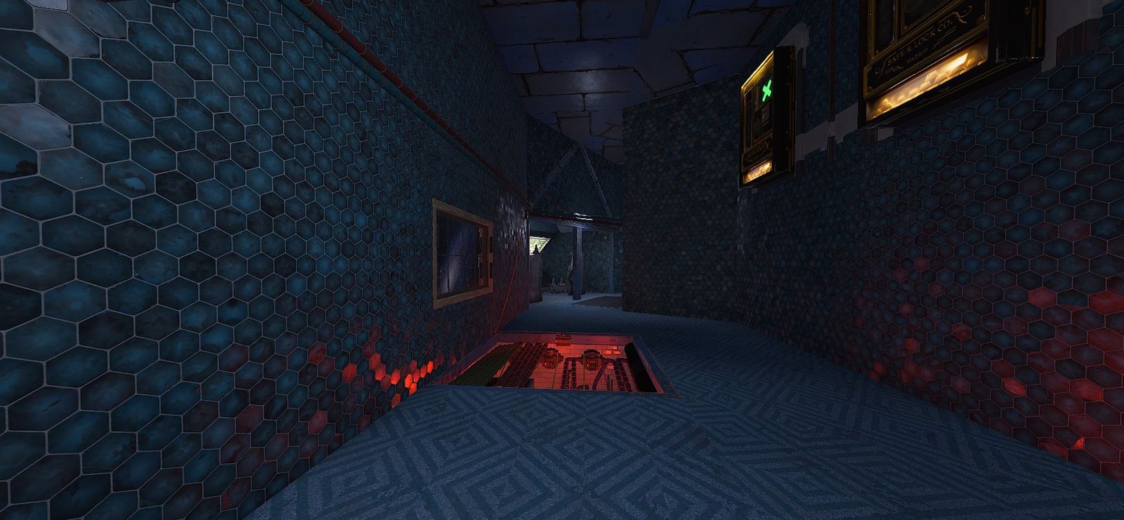 Spaceship factory: a blue hex-tiled corridor with glowing red panels, a floor hatch and gold-framed safes