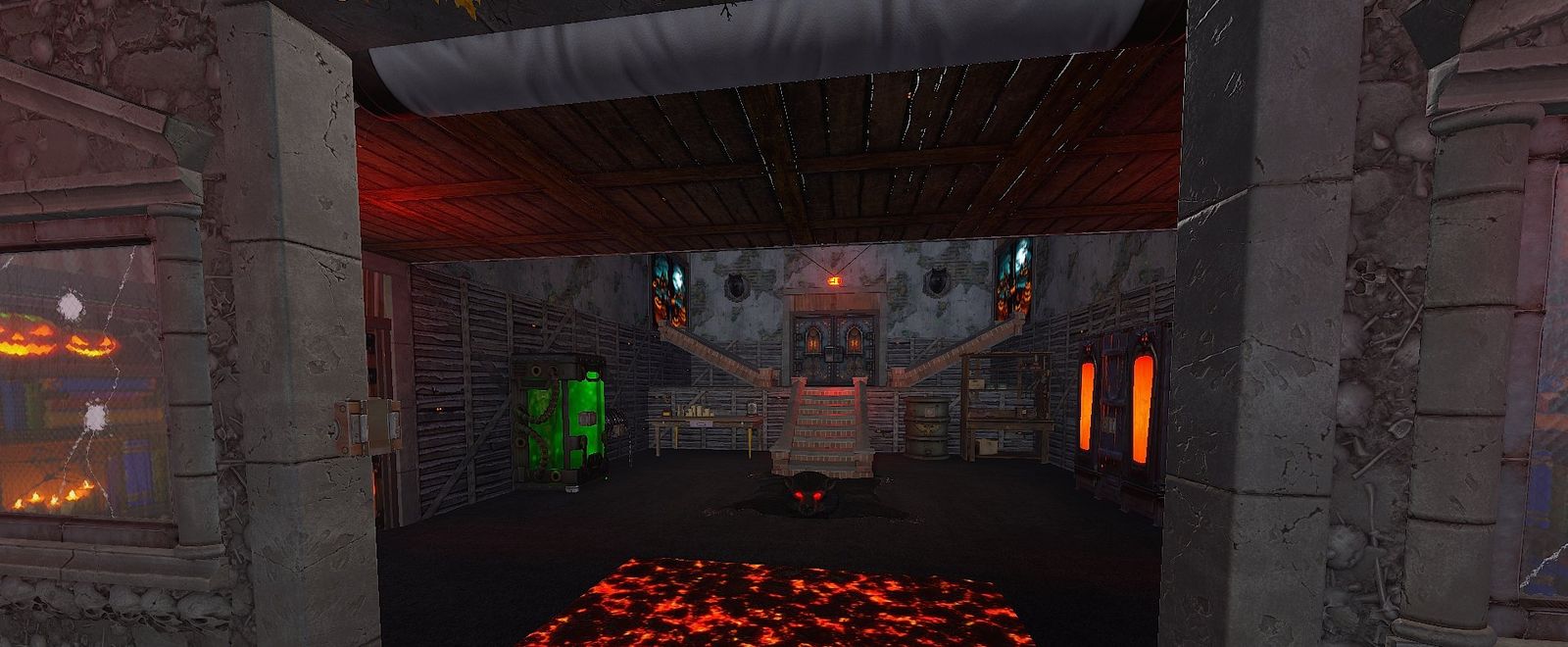 The mansion foyer: a lava-patterned floor, a bear-skin rug with glowing eyes and a twin staircase under pumpkin windows