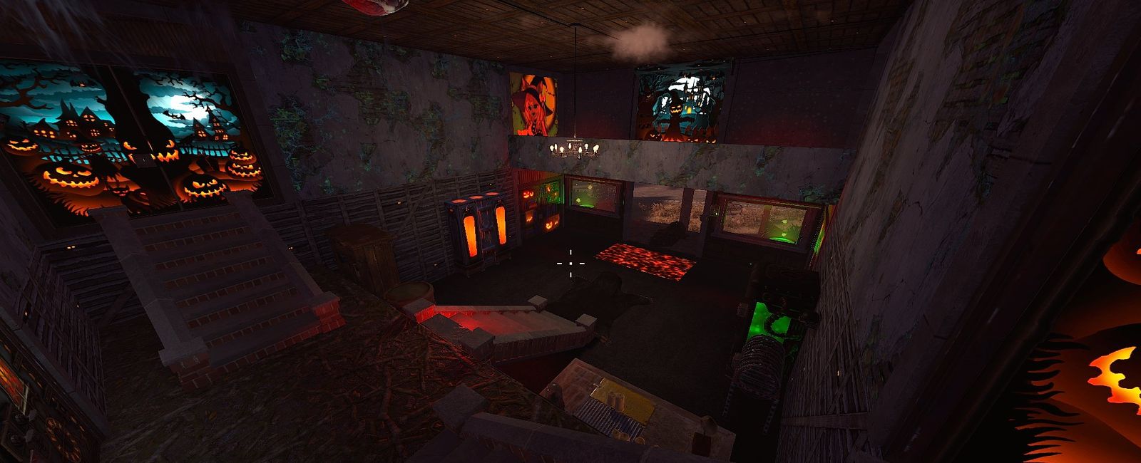 Looking down into the main hall past a candle chandelier, with Halloween posters and glowing cabinets