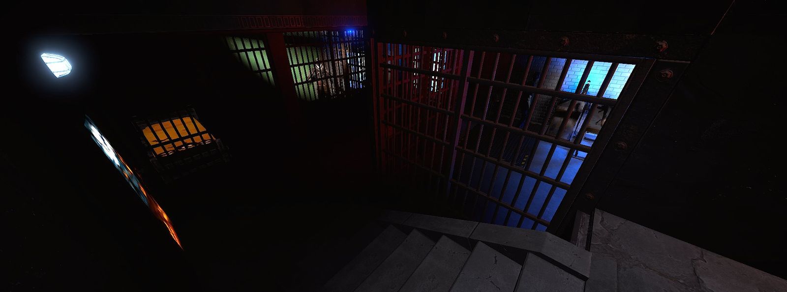 A dark jail block with red and blue lit cells behind iron bars