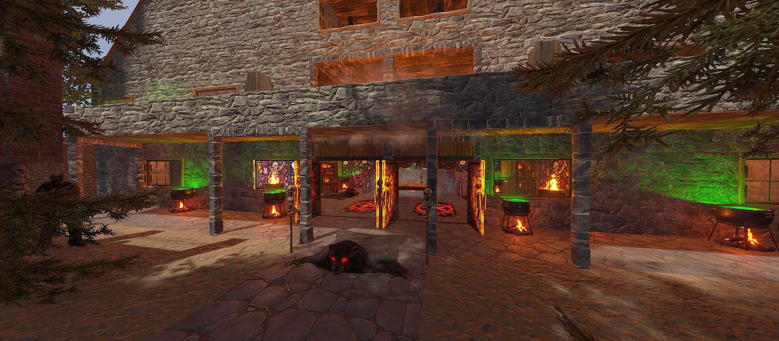 Halloween factory entrance with glowing cauldrons, skull torches and a red-eyed bear rug