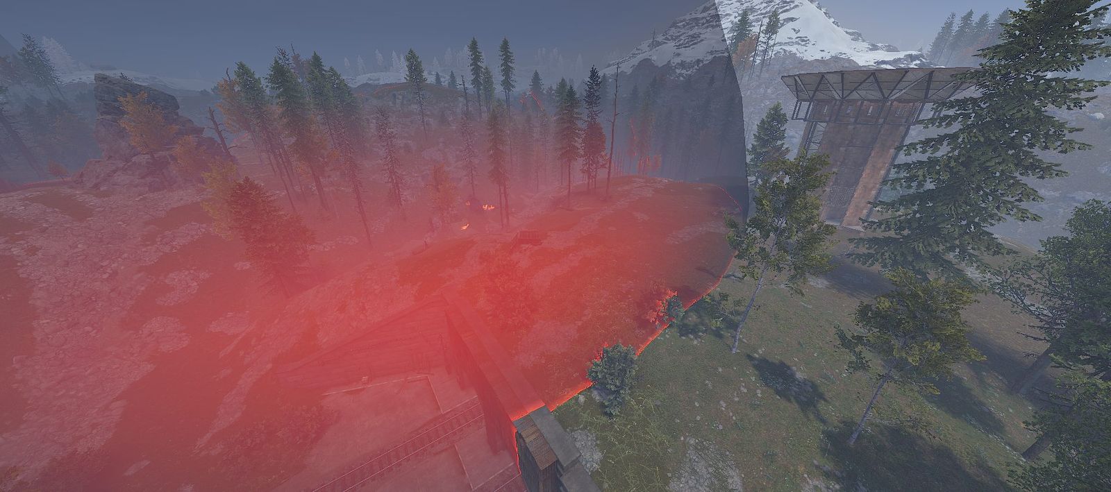 The glowing red dome of a PvP zone around a patrol heli crash site on 2x