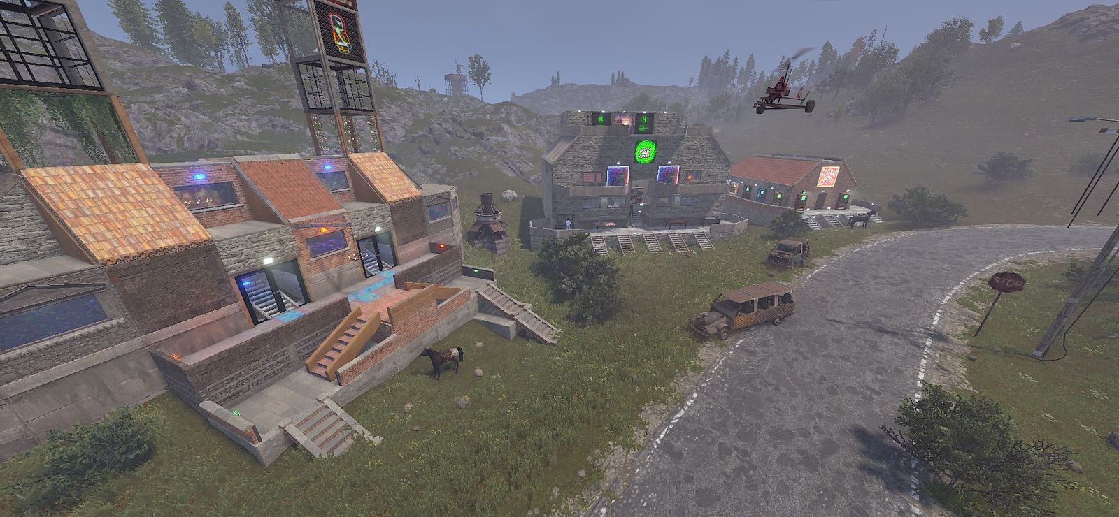 Brick apartments in the town with a minicopter flying past