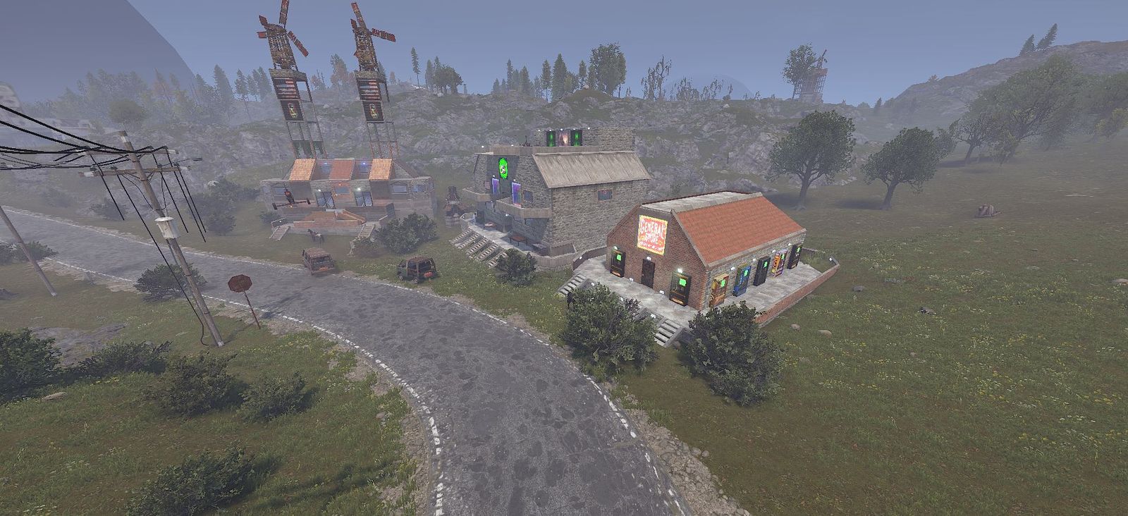 A player-built roleplay town: the General Store with vending machines, apartments with windmill towers behind